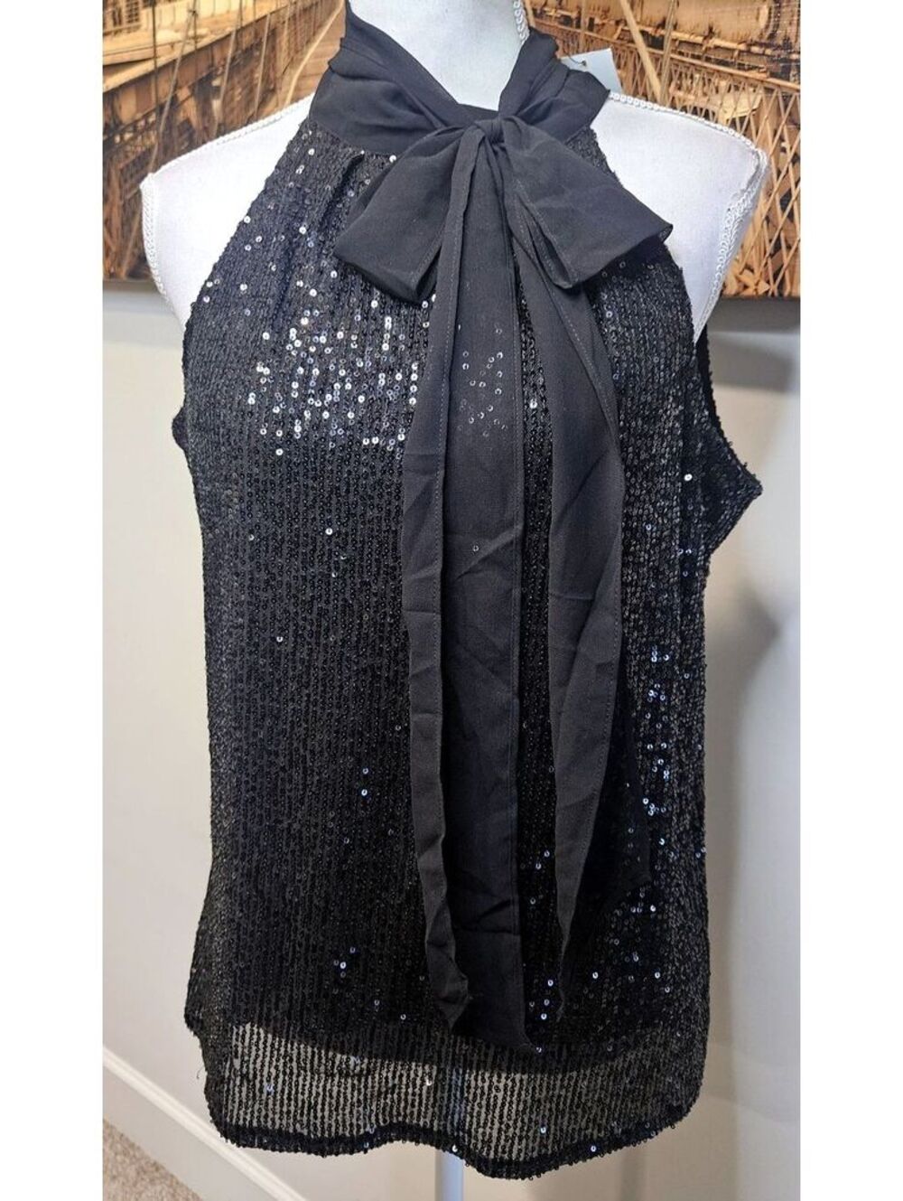 Calvin Klein Black Sequin Halter Top with Bow Tie Neck Size L